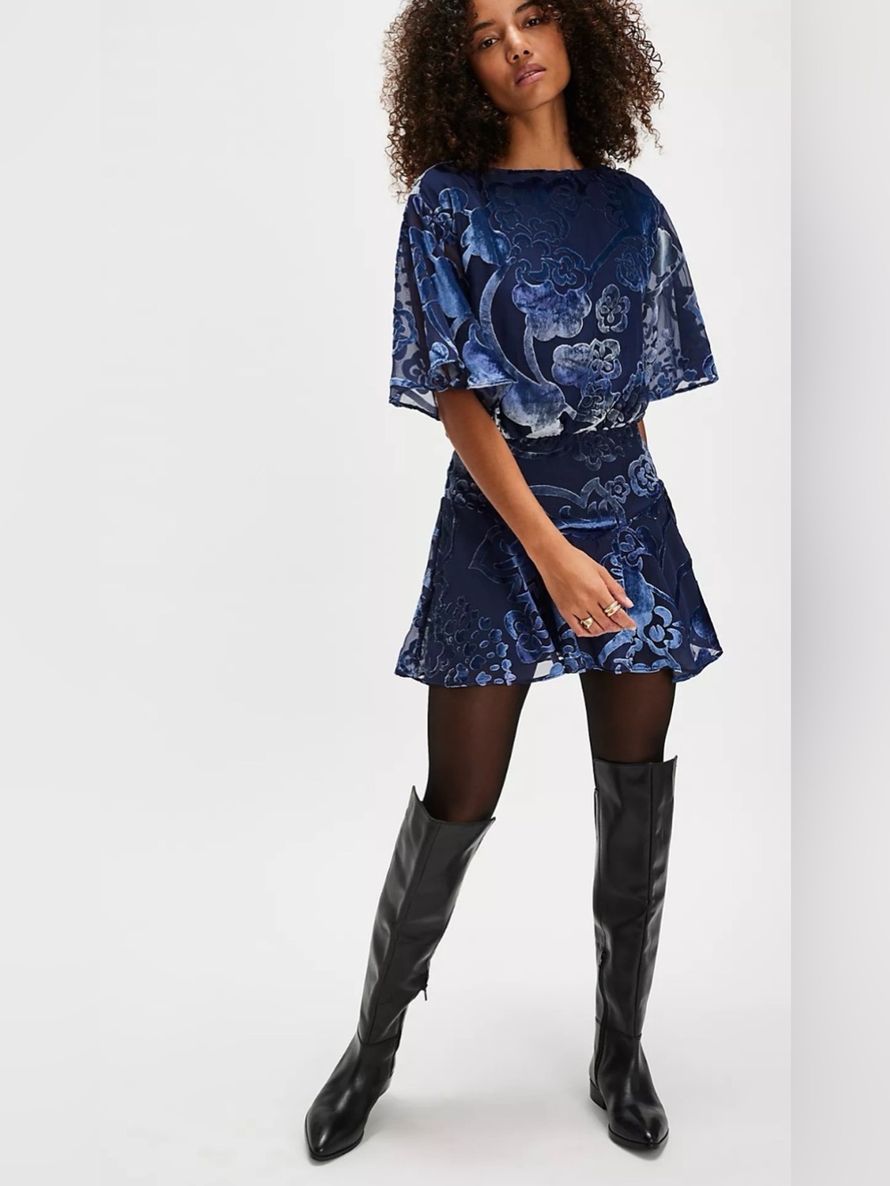 Free People Midnight Blue Floral Velvet Mini Dress